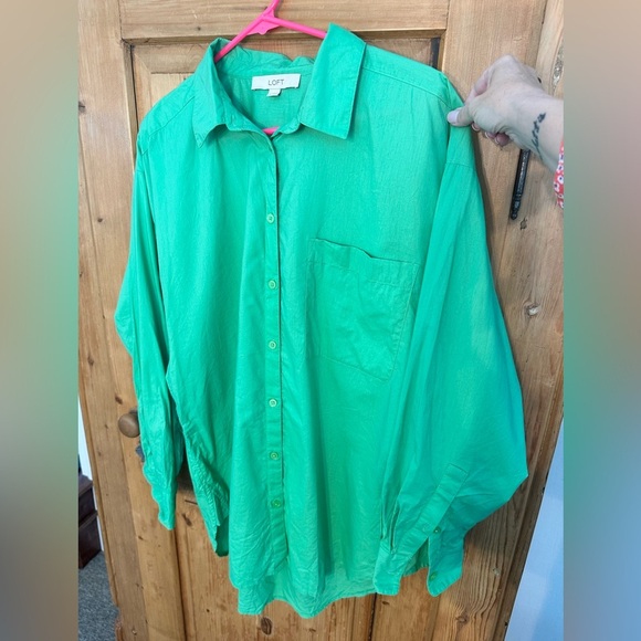 Loft Oversized Cotton Blend Button Down Pretty Green Size Large - Picture 9 of 9